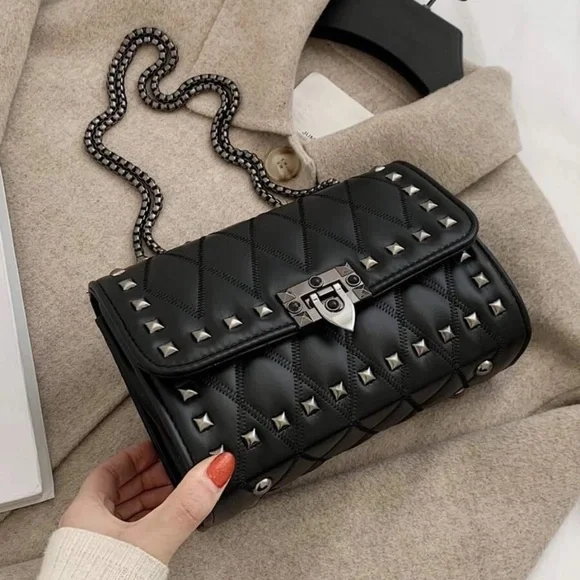 Studded Black Chain Shoulder Evening Shoulder Bag - Picture 4 of 6